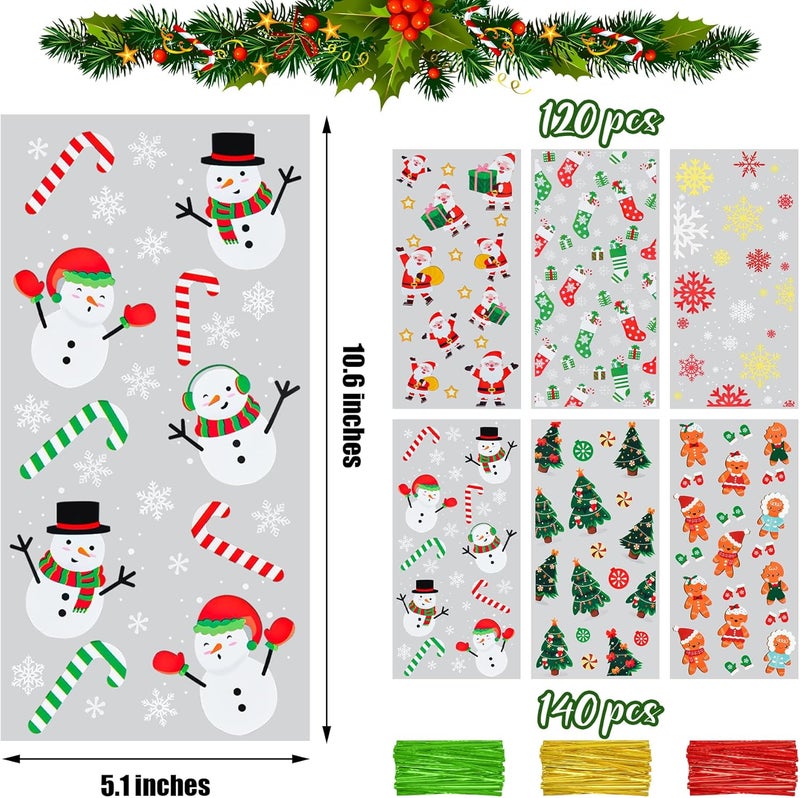 Tindobewan Christmas Treat Bags, 120Pcs Xmas Cellophane Goodie Bags with Twist Ties for Snacks Cookies Candy Gift Packing, Christmas Party Favors Supplies（10.6 x 5.1 Inches） - Image 2
